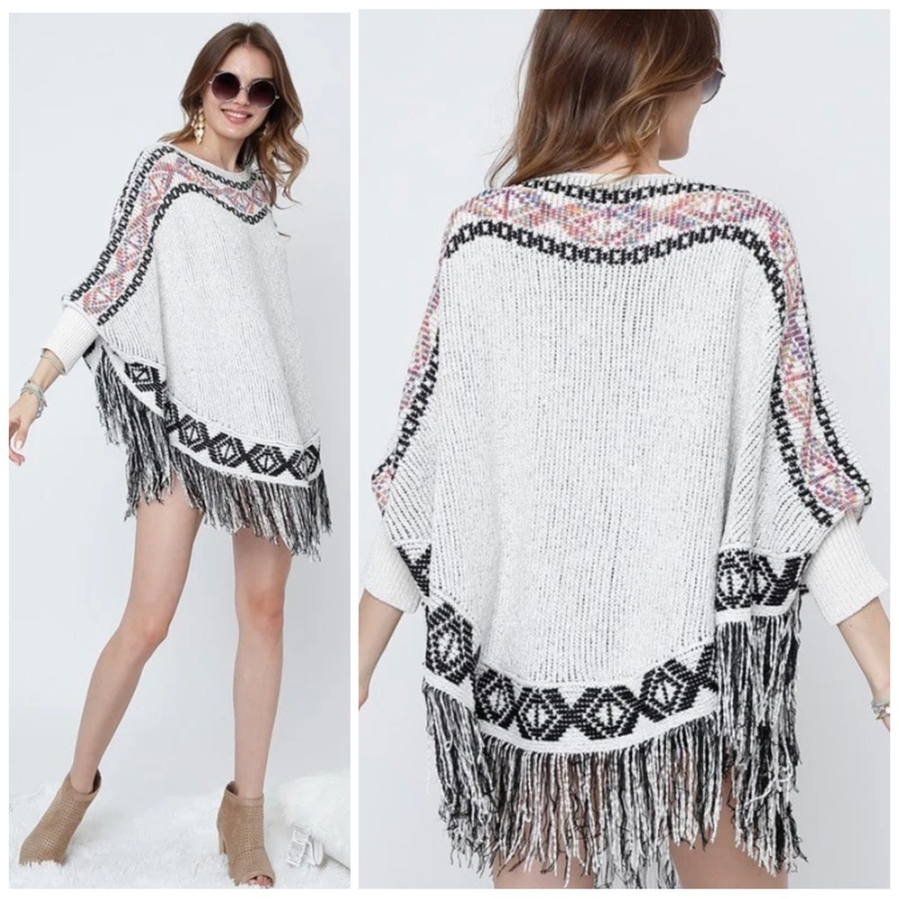 Boho Southwest Hippy Soft Knit Fringed Chenille Poncho Sweater / Dress Roomy
